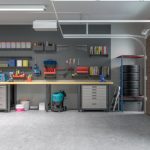 A garage with lots of storage and work space.