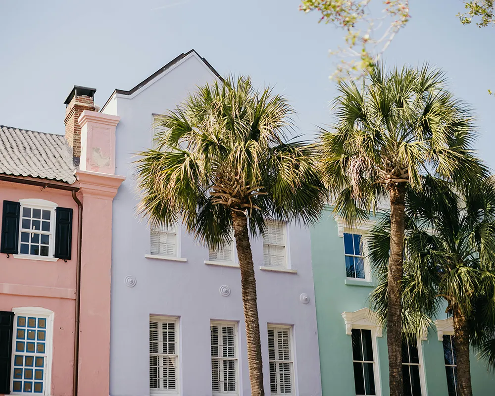 Pastel-colored historic homes with palm trees along a sunny street, resembling Charleston’s Rainbow Row.